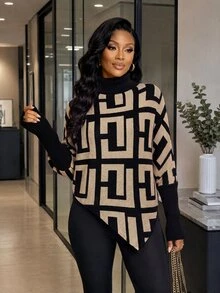 SHEIN Lady Women's Geometric Pattern High Neck Batwing Long Sleeve Elegant Sweater - Khaki - View 5