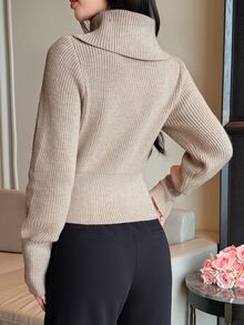 DAZY Khaki High Neck Ribbed Knit Fitted Long Sleeve Batwing Sleeve Ruched Waist Casual Versatile Slouchy Knit Sweater For Women - Pink - View 2