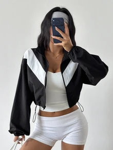 Coolane Women's Fall/Winter Streetwear Going Out Sport Comfortable Patchwork Loose Zip Up Black Jacket - Black and White - View 3