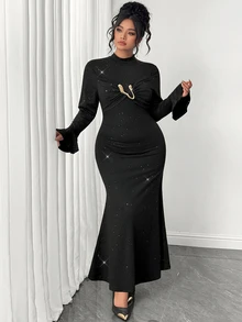 Elenzga Plus Size Knit Fabric Semi-High Neck Metal Decor Ruched Flare Long Sleeve Fitted Mermaid Midi Dress, Autumn/Winter Fashion Vintage Elegant Date Party - Black - View 6