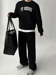 DAZY Autumn/Winter Black Fleece Sweatshirt With Patchwork Embroidery Korean Style Men's Pullover Sweatshirt Set - Black - View 7