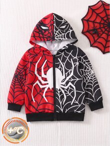 SHEIN Young Boy Autumn/Winter Red & Black Contrast Spider Pattern Hooded Zip-Up Sweatshirt, Suitable For Autumn/Winter, Outings, School, Kindergarten, Christmas, New Year, Gift - Multicolor - View 5