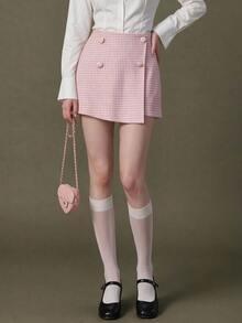 Elnivra Women's Fashion Houndstooth Button Skort For Outing And Party - Pink - View 4