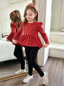 Elladie kids 2件組女童愛心印花荷葉邊長袖T恤與內搭褲，春/秋季 - 紅色 - 查看 1