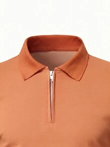 Manfinity Homme 男士純色短袖拉鍊設計休閒 Polo 衫 - 珊瑚橙 - 查看 3