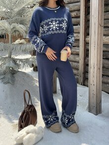 Muchica 海軍藍聖誕雪花毛衣 2 件套，適合日常通勤、街頭穿搭、派對、秋冬春夏、聖誕節、新年、感恩節、派對、畢業典禮、優雅、外出、約會、通勤、情人節、優雅、Y2K、畢業典禮及其他場合 - 藏蓝色 - 查看 4