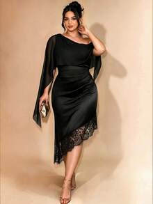 Cravure Plus Size Women Asymmetric Collar Cape Waist Cinched Ruched Lace Patchwork Elegant Party Dress - Black - View 5