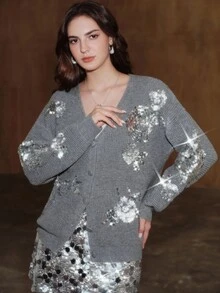 Anewsta Elegant Long Sleeve Gentle Style Multi-Color Embroidered Decoration Large Placket Commute Outfit Women's Cardigan - Grey - View 3