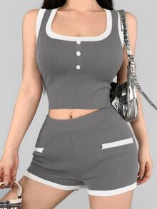 DAZY Women's Contrast Color Button Design Cropped Tank Top And Shorts Sports Set - Grey - View 2