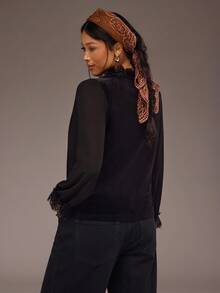 Freevana Velvet Wrap Deep V Lace Blouse With Ruffled Lace Cuffs And Sheer Sleeves, Romantic Evening Top - Black - View 8