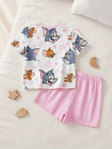 TOM & JERRY X SHEIN طقم ملابس منزلية للبنات الصغيرات بطبعة كرتونية، توب بأكمام قصيرة وشورت - وردي - مشاهدة 2