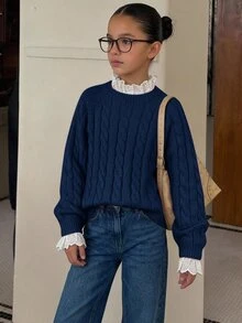 SHEIN 女童秋冬休閒保暖內裡加厚拼接刺繡蕾絲飾邊寬鬆落肩長袖套頭針織衫，甜粉色返校兒童毛衣，秋冬款 - 藍色 - 查看 1