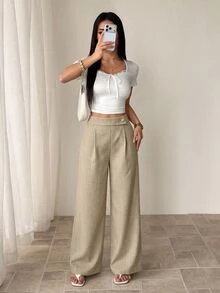 SHEIN PETITE 女款竹纖維面料長褲，前腰拼接鈕扣設計，優雅教師制服風，專業休閒，感恩節、萬聖節必備，百搭寬鬆飄逸直筒褲 - 卡其色 - 查看 4