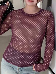 Dazy Plus 網紗層次長袖博主風 T-shirt - 紫色 - 查看 3