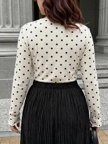 Dazy Plus Korean Style Polka Dot Fitted T-Shirt, Autumn Layering - Beige - View 3