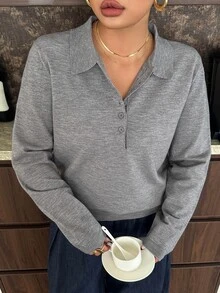 Dazy Plus Lazy Chic Turn-Down Collar Autumn/Winter Elegant Inner Layer Short Polo Neck Sweater - Grey - View 1