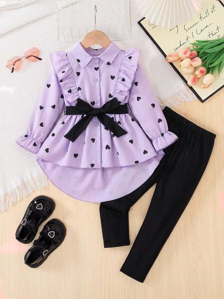 SHEIN Elladie kids 2件組女童套裝,含腰帶上衣與內搭褲,時尚設計,適合春秋季 - 淡紫色 - 查看 1