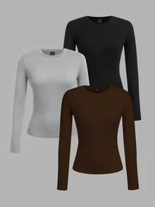 SHEIN EZwear Women's Solid Color Long-Sleeve Crew Neck Casual Versatile T-Shirts (3-Pack) - Multicolor - View 1