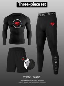 SUPERMAN X SHEIN Gym Rark Men's Letter Print Raglan Long Sleeve T-Shirt, Shorts And Leggings Sports Set - Black - View 1