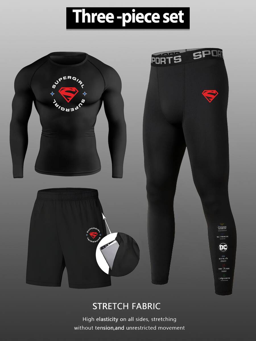 SUPERMAN X SHEIN Gym Rark Men's Letter Print Raglan Long Sleeve T-Shirt, Shorts And Leggings Sports Set - Black - View 1