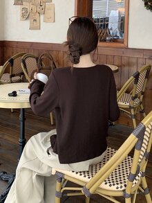 DAZY Women's Autumn/Winter Brown V-Neck Green 2 In 1 Patchwork Ribbed Knit Layered Casual Sweet Vintage Cardigan T-Shirt - Brown - View 8