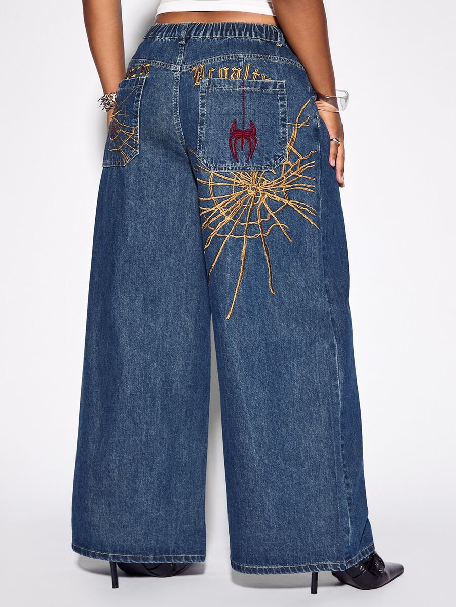 ROMWE Street Life Plus Size Women's Spider Web Embroidered Pattern Loose Straight Leg Jeans - Blue - View 1