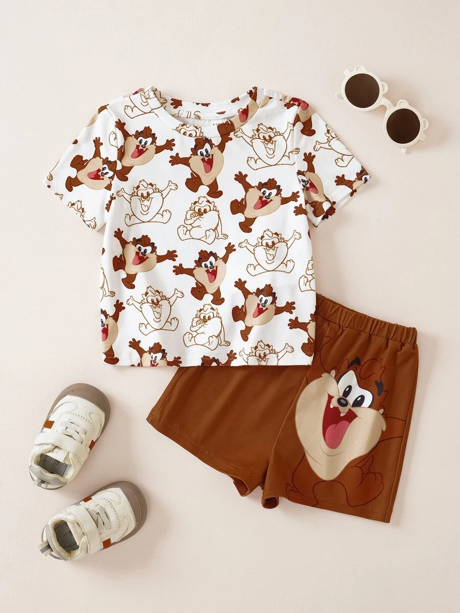 LOONEY TUNES X SHEIN Baby Boy All-Over Print Short Sleeve T-Shirt And Shorts Casual Daily Outfit Set - Multicolor - View 1