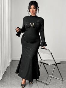 Elenzga Plus Size Knit Fabric Semi-High Neck Metal Decor Ruched Flare Long Sleeve Fitted Mermaid Midi Dress, Autumn/Winter Fashion Vintage Elegant Date Party - Black - View 7