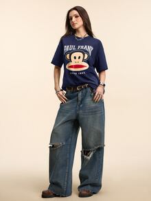 Paul Frank X SHEIN Women's Street Cartoon Graphics Round Neck Short Sleeve Casual Versatile T-Shirt - Blue - View 4
