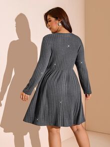SHEIN LUNE Plus Size Women's Dress, All Season Long Sleeve Round Neck Umbrella Skirt Knee Length With Pockets Ribbed Shiny Casual Daily Party Fall - Grey - View 2