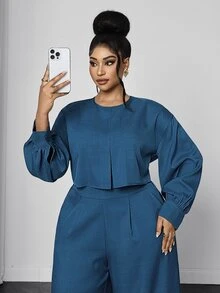 Maweii Plus Size Solid Color 2 In 1 Set Women Round Neck Lantern Sleeve Crop Top High Waist Wide Leg Long Pants Commute Party Two Pieces Set Fall - Blue - View 2