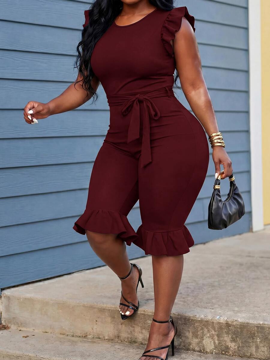 Slaydiva Women's Ruffle Sleeveless Fitted Cropped Jumpsuit With Belt, Black - Burgundy - View 1