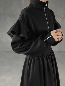 FRIFUL Women's Solid Color Zipper Half-Placket Patchwork Ruffle Hem Casual Long Dress - Black - View 6