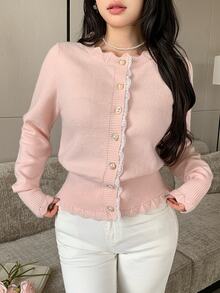 Modelyn Women's Contrast Lace Single-Breasted Long Sleeve Knit Cardigan - Pink - View 4