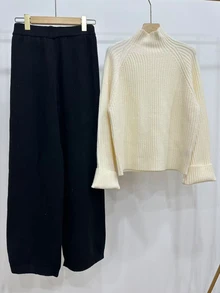 Chiquease 2件組女款針織套裝，米白色羅紋半高領長袖毛衣與杏色長褲，優雅休閒秋冬居家極簡風 - 黑與白 - 查看 2