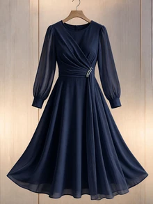 GlowEve CURVE Plus Size Round Neck Bowknot Pearl Decor Lantern Sleeve Chiffon Back Zipper Dress Wedding Formal Evening Light Blue Autumn Elegant Celestial Fall - Navy Blue - View 4