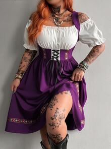 SHEIN Whyspr 大尺碼暗黑風拼接配色兩件式綁帶洋裝 - 彩色 - 查看 3