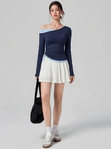 DAZY Women's Colorblock Asymmetric Collar Side Drawstring Casual Fitness Sports T-Shirt - Navy Blue - View 7