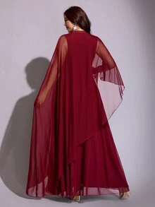 Viva Relle Plus Size Mesh Ethereal Stand Collar Cape Shawl 2 Pieces Set - Burgundy - View 5