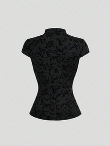Sweetra CURVE Women's Black Stand Collar Asymmetrical Flocked Side Slit Chinese Style Top - Black - View 2