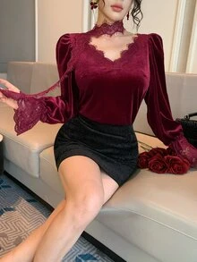 DAZY Women's Loose Blouse With Eyelash Lace Trim, Ribbon And Bell Sleeves - Burgundy - View 12