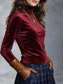 Solivie 女款秋季天鵝絨長袖T恤，天鵝絨打底衫秋季穿搭優雅女式襯衫職場穿著時尚上衣派對 - 酒紅色 - 查看 4