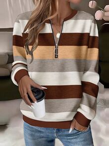 EMERY ROSE Plus Size Women Casual Textured Striped Print Zip-Up Crew Neck Sweatshirt, American Minimalist Style Fall - Multicolor - View 1