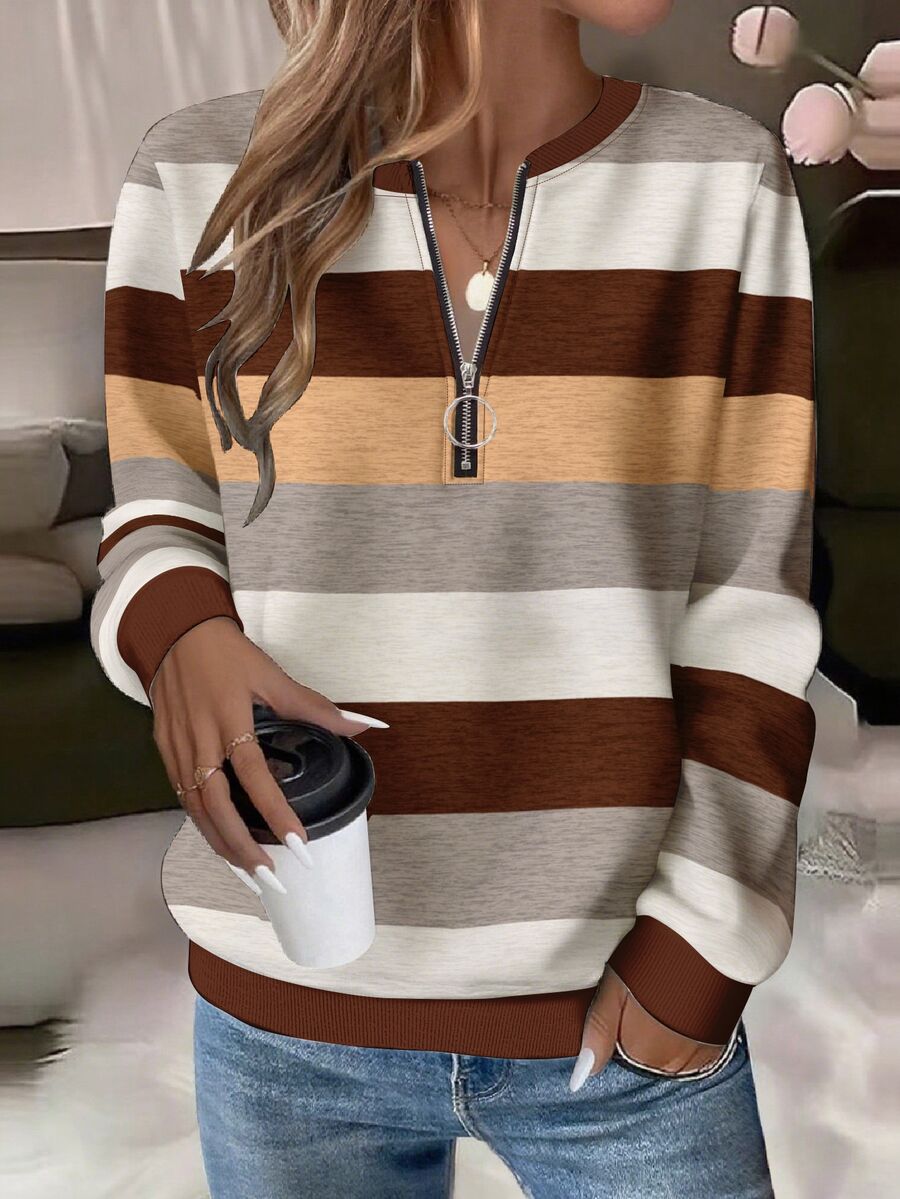 EMERY ROSE Plus Size Women Casual Textured Striped Print Zip-Up Crew Neck Sweatshirt, American Minimalist Style Fall - Multicolor - View 1