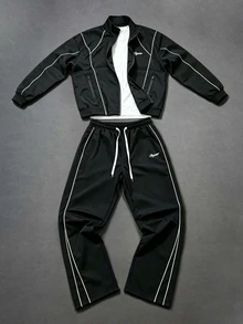 Manfinity Roghcode Y2K Contrast Stitching 2 Pieces Sports Set, Loose Zip-Up Jacket + Wide Leg Pants, Letter Embroidery Streetwear Daily Outfit - Black - View 1