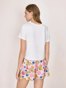 LOONEY TUNES X SHEIN Women's Letter Print Short Sleeve Top And Shorts Pajama Set LOONEY TUNES - Blue and White - View 2