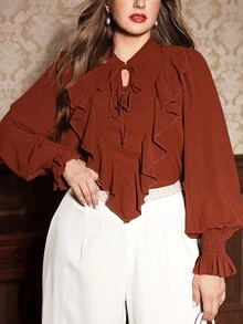 Auvina Plus Size Women's Solid Color Tie-Front Versatile Blouse With Ruffle Trim, Long Sleeve Cuffed, Fashionable Elegant Simple - Brown - View 1