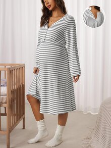 SHEIN Striped Colorblock Long Sleeve Dress - Grey - View 1