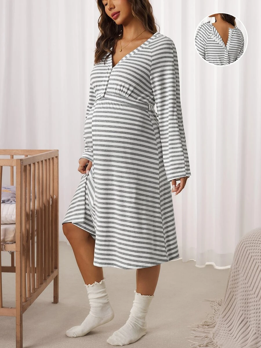 SHEIN Striped Colorblock Long Sleeve Dress - Grey - View 1
