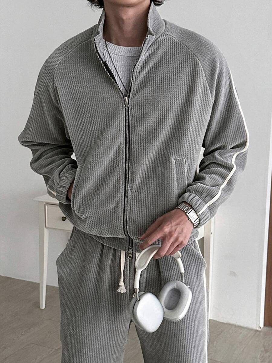 DAZY Conjunto de chaqueta para hombre con patchwork de costura lateral y cinta de contraste en gris, primavera/otoño - Gris - Ver 1